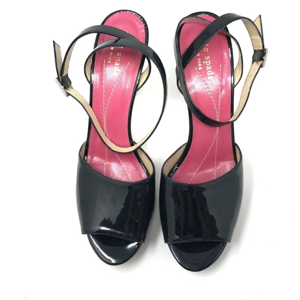 Kate Spade Black Patent Leather Ankle Strap Open Toe Heels